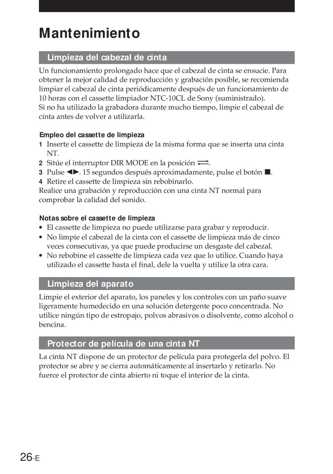 Sony NT-2 Mantenimiento, 26-E, Limpieza del cabezal de cinta, Limpieza del aparato, Protector de película de una cinta NT 