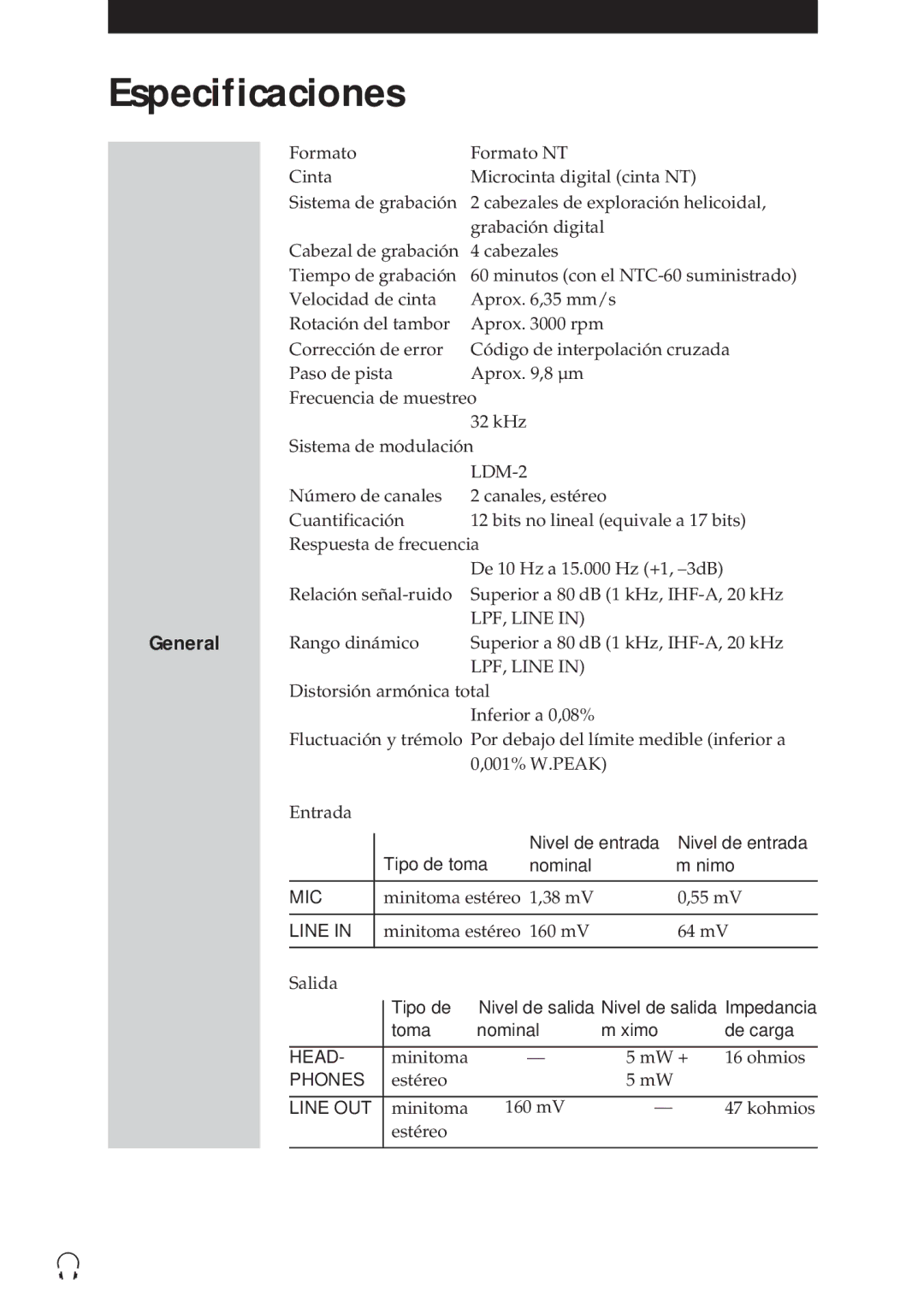 Sony NT-2 manual Especificaciones, 28-E 