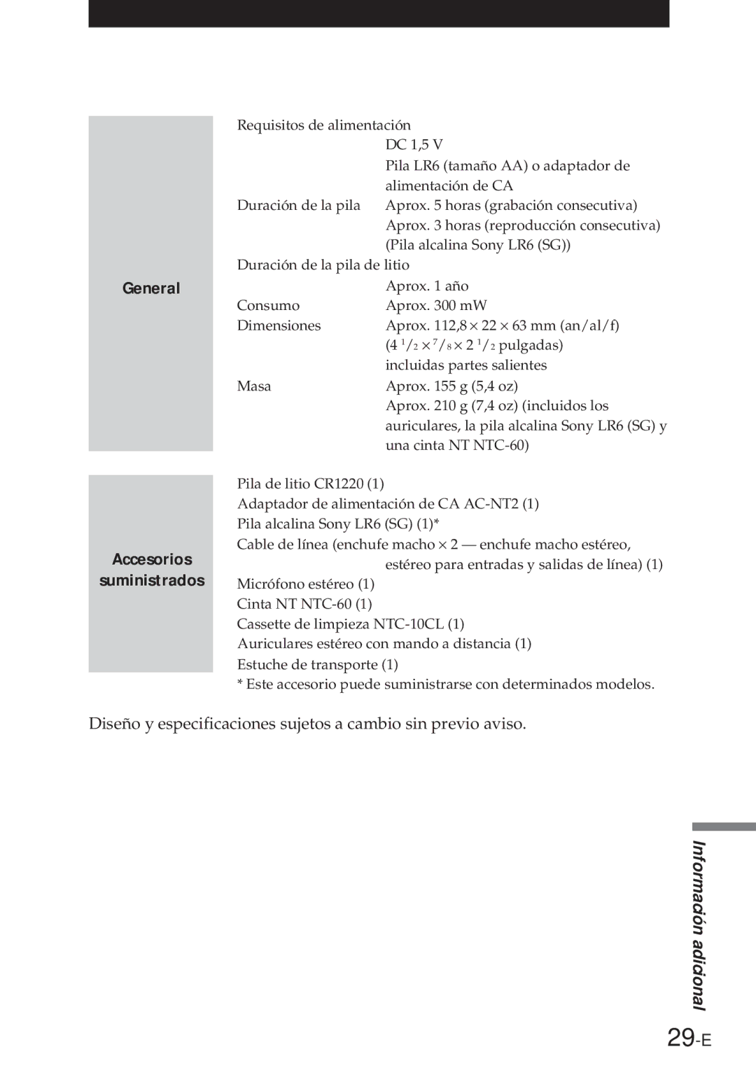 Sony NT-2 manual 29-E, General Accesorios Suministrados 