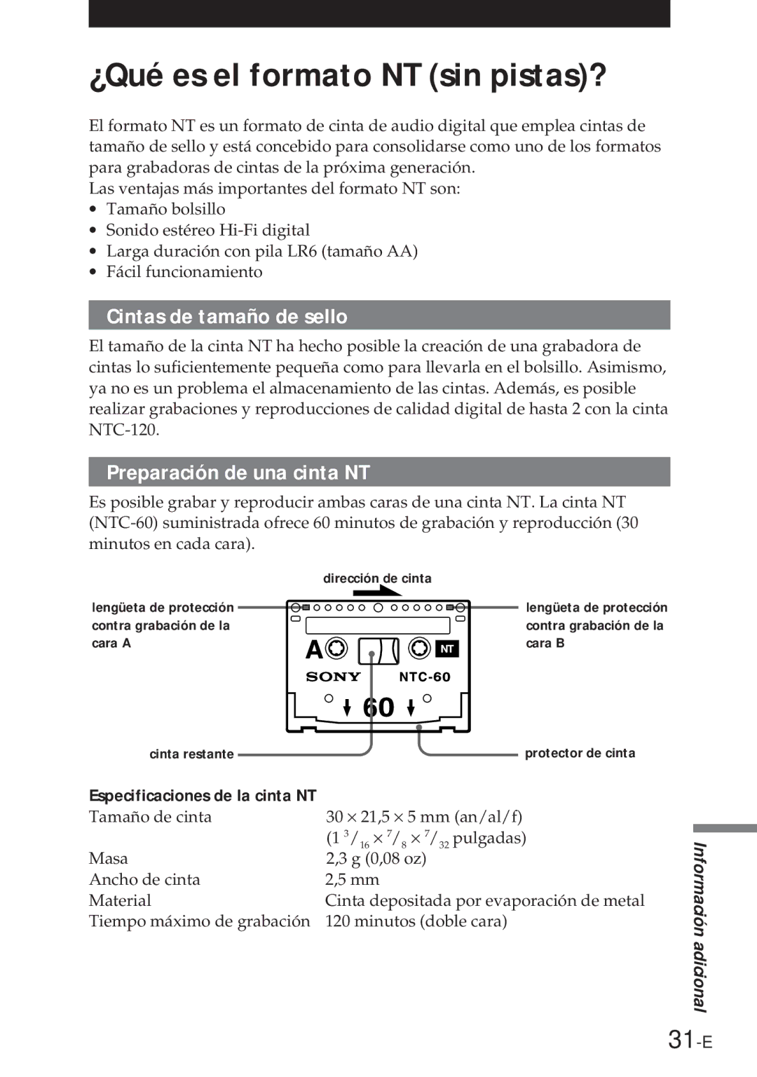 Sony NT-2 manual ¿Qué es el formato NT sin pistas?, 31-E, Cintas de tamaño de sello, Preparación de una cinta NT 