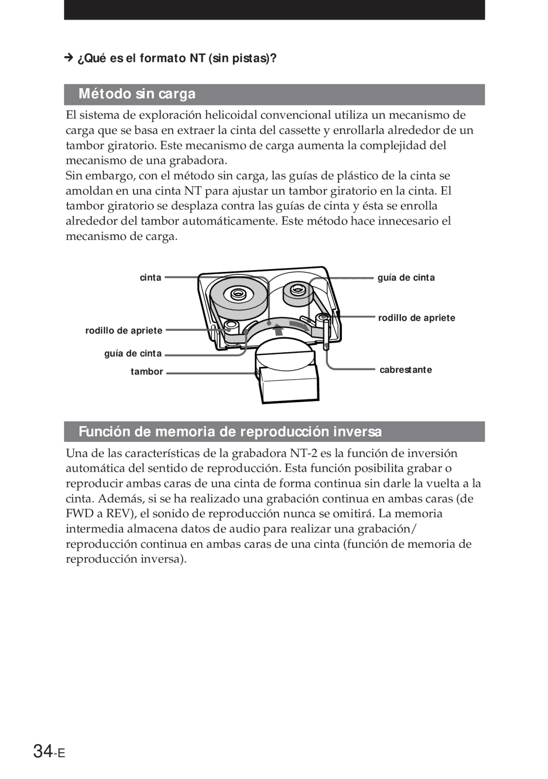 Sony NT-2 manual 34-E, Método sin carga, Función de memoria de reproducción inversa 