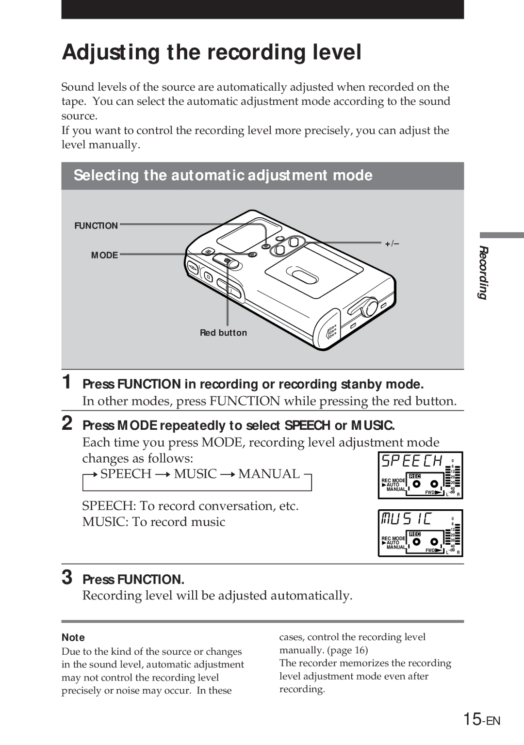 Sony NT-2 manual Adjusting the recording level, Selecting the automatic adjustment mode, Press Function 