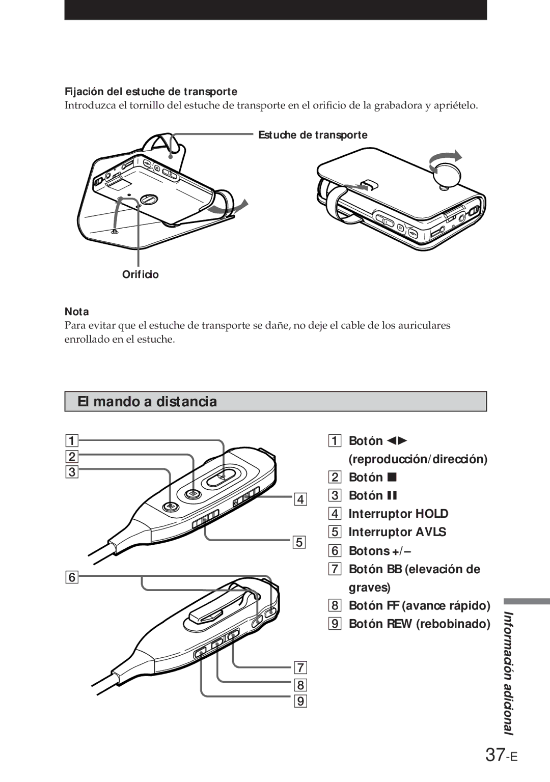 Sony NT-2 manual 37-E, El mando a distancia 