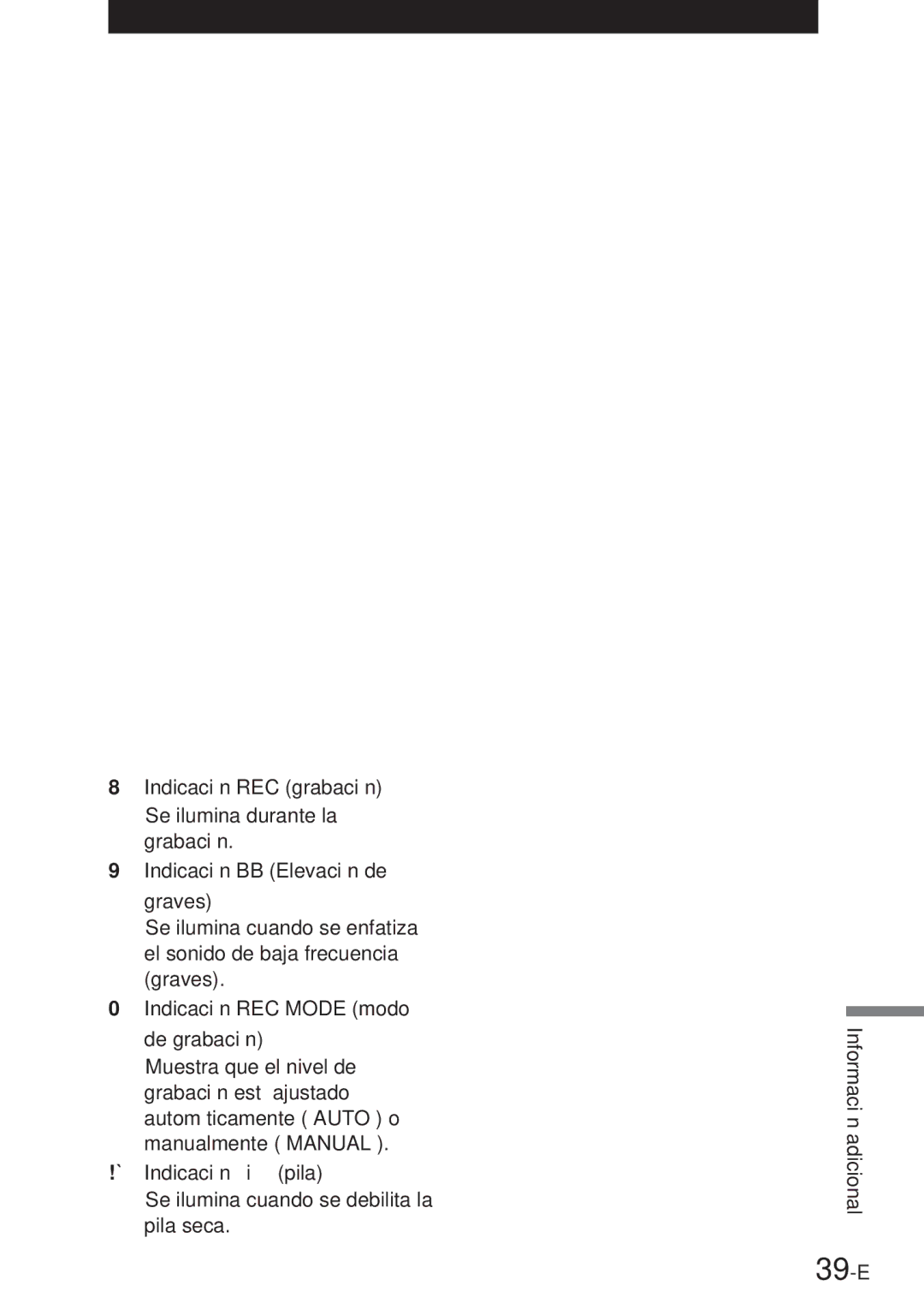 Sony NT-2 manual 39-E, Indicación REC grabación, Indicación BB Elevación de graves, Indicación REC Mode modo de grabación 