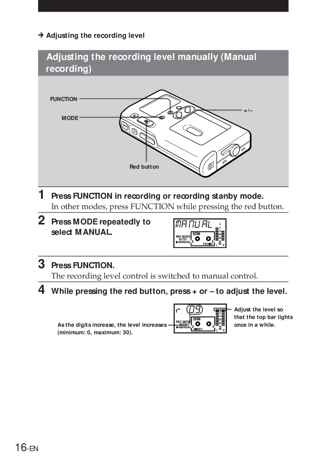 Sony NT-2 Adjusting the recording level manually Manual recording, Press Mode repeatedly to select Manual 