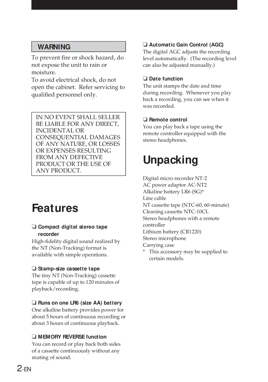 Sony NT-2 manual Features, Unpacking 