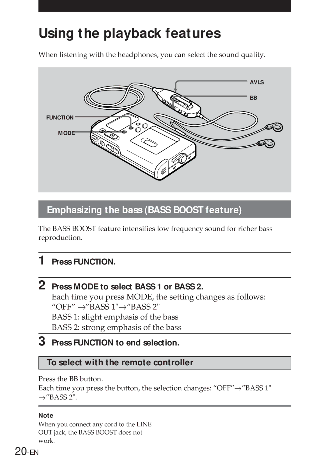 Sony NT-2 manual Using the playback features, Emphasizing the bass Bass Boost feature, To select with the remote controller 