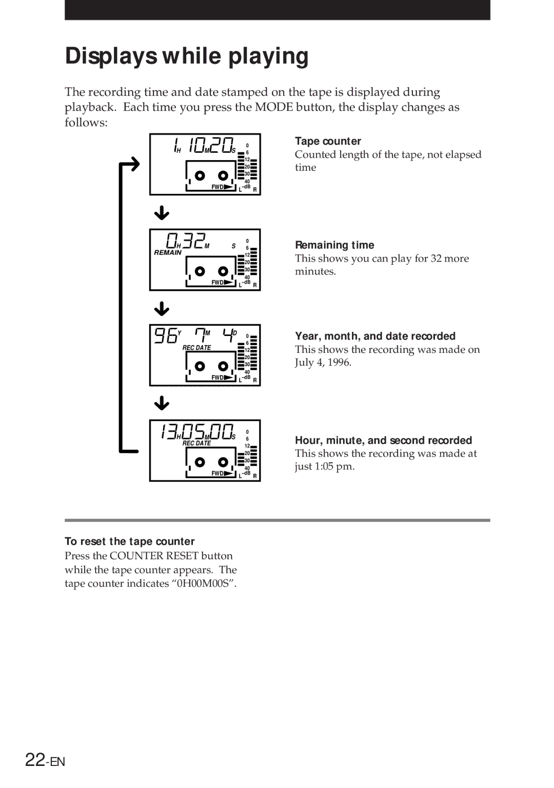 Sony NT-2 manual Displays while playing, To reset the tape counter 