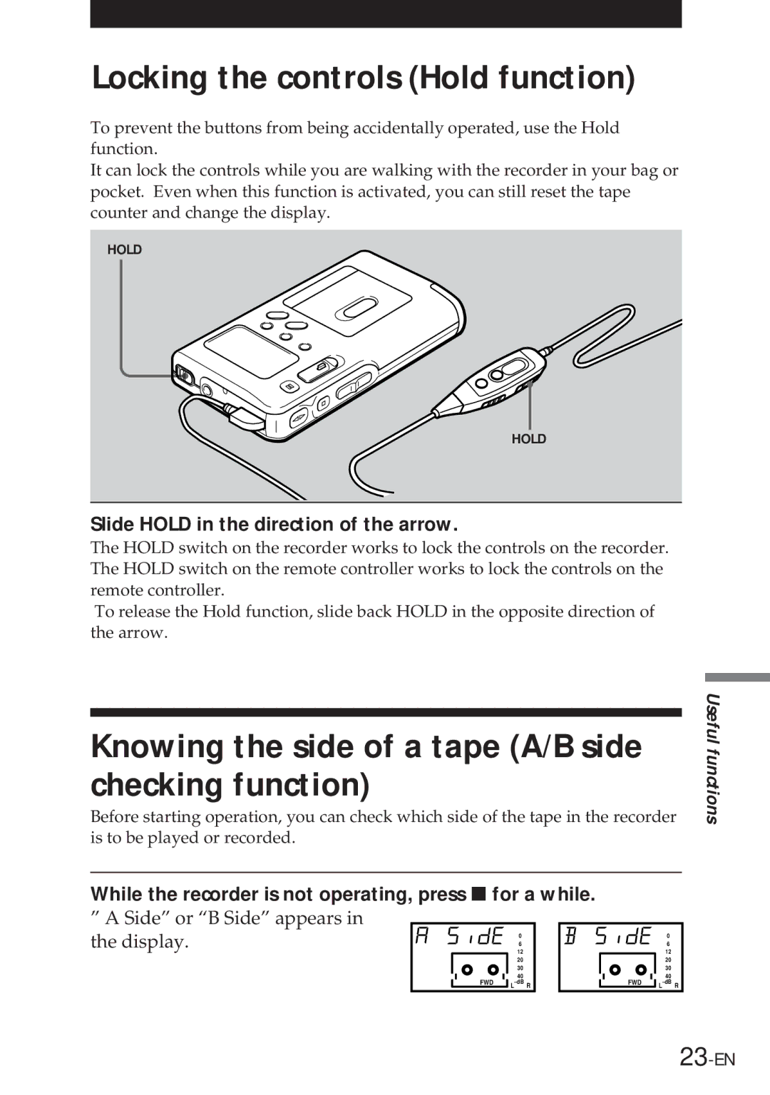 Sony NT-2 manual Locking the controls Hold function, Knowing the side of a tape A/B side checking function 