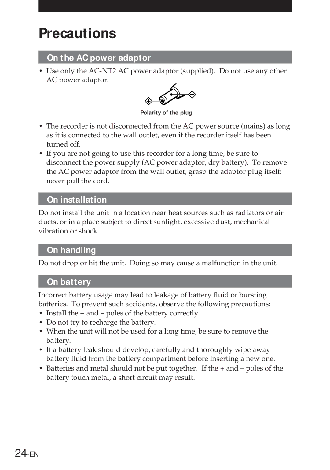 Sony NT-2 manual Precautions, On the AC power adaptor, On installation, On handling, On battery 