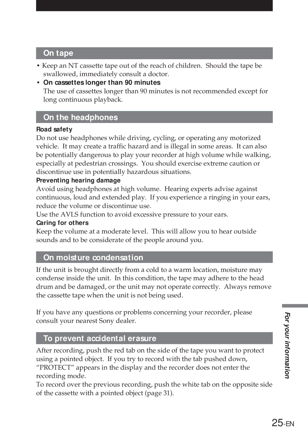 Sony NT-2 manual On tape, On the headphones, On moisture condensation, To prevent accidental erasure 