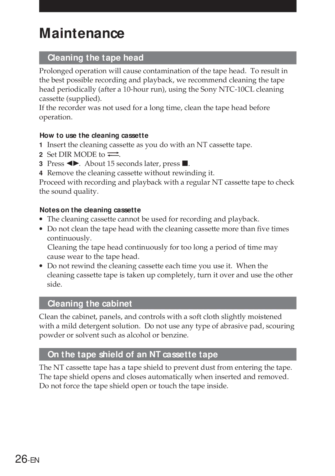 Sony NT-2 manual Maintenance, Cleaning the tape head, Cleaning the cabinet, On the tape shield of an NT cassette tape 