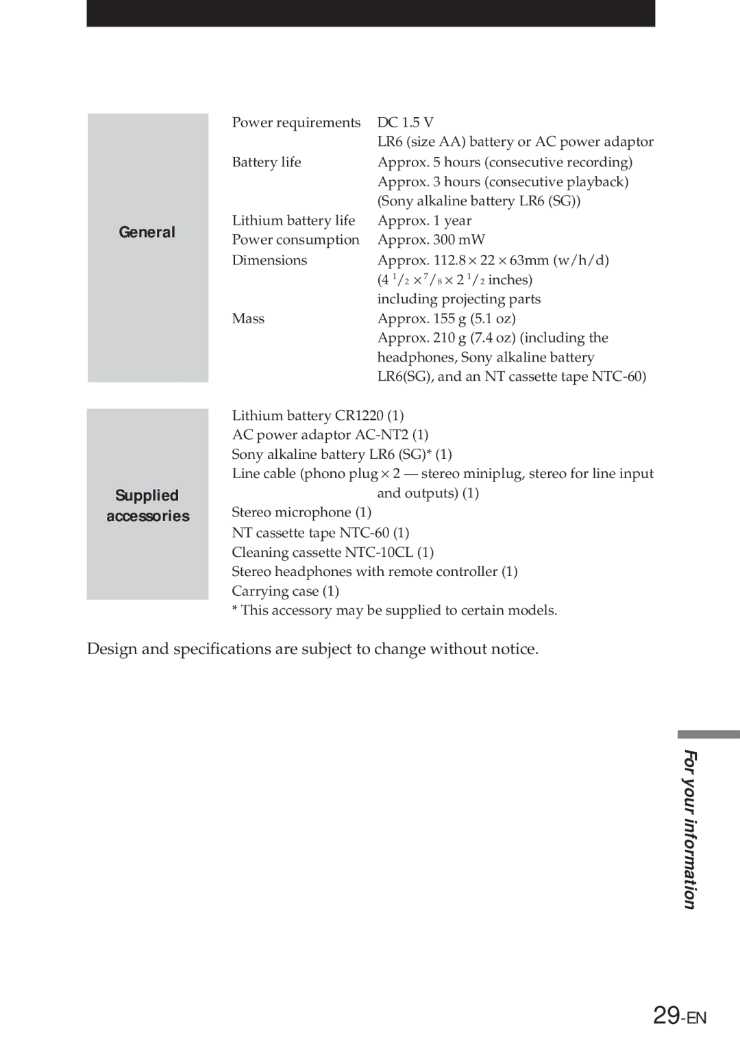 Sony NT-2 manual General Supplied Accessories 