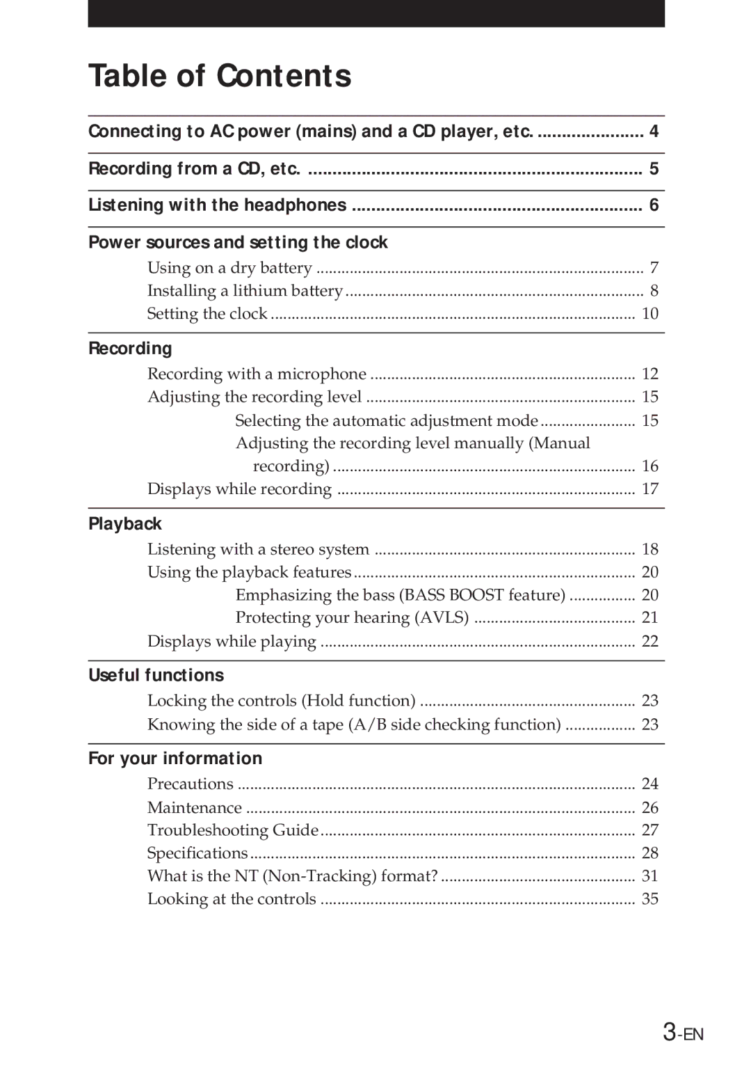 Sony NT-2 manual Table of Contents 