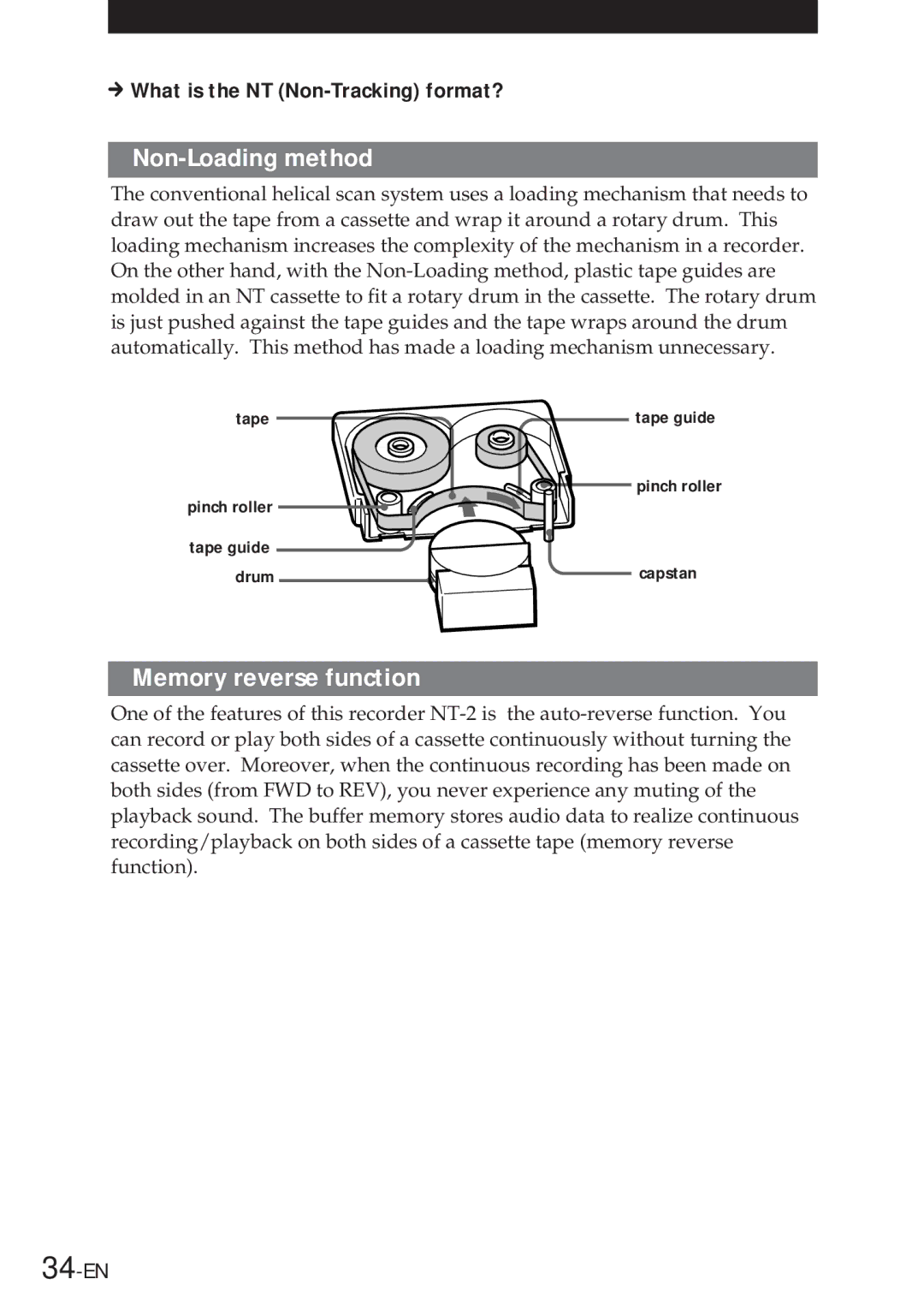 Sony NT-2 manual Non-Loading method, Memory reverse function 