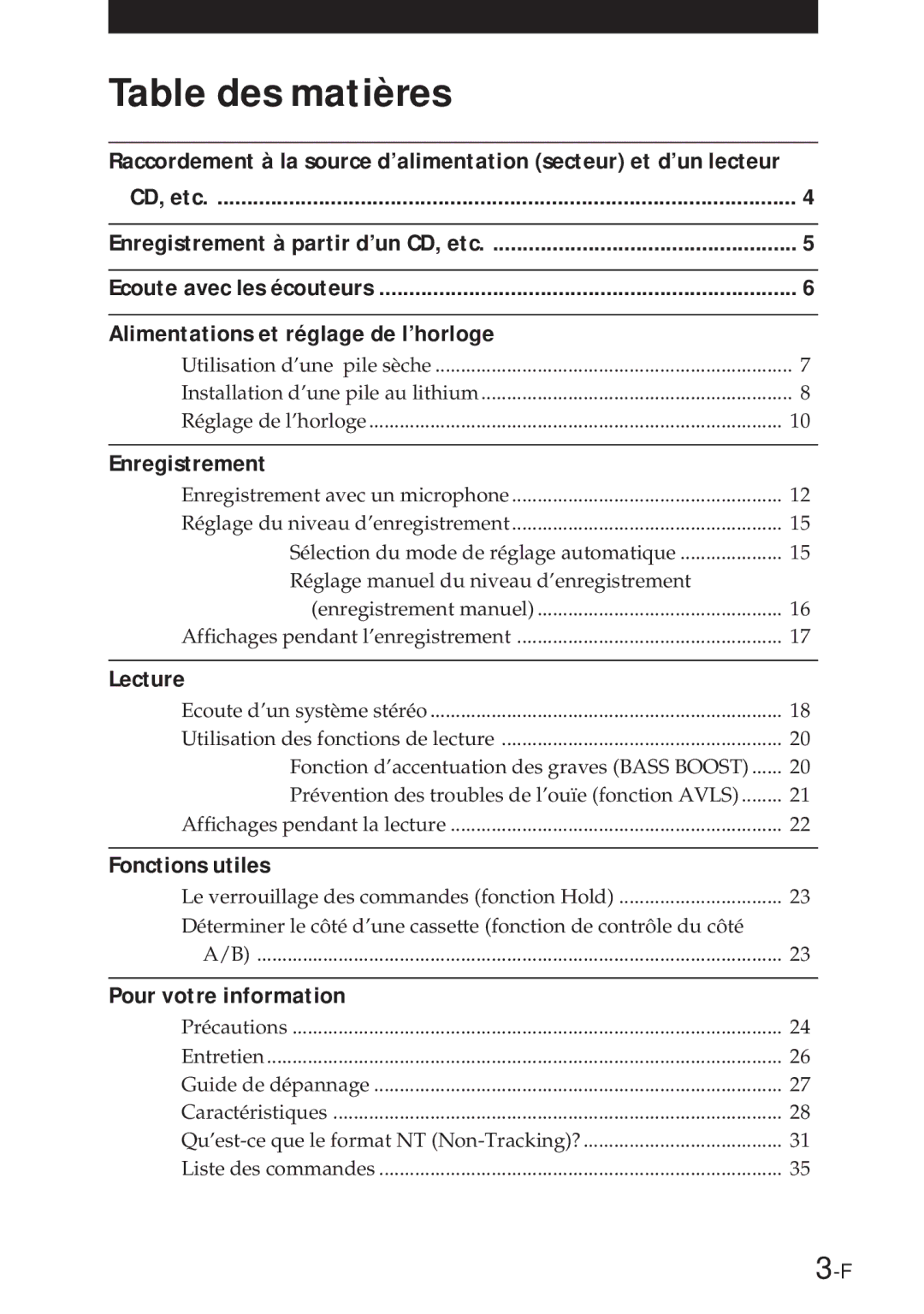 Sony NT-2 manual Table des matières 