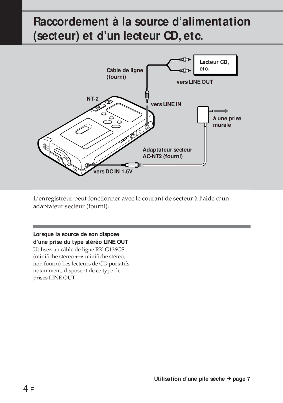 Sony NT-2 manual Utilisation d’une pile sèche mpage 