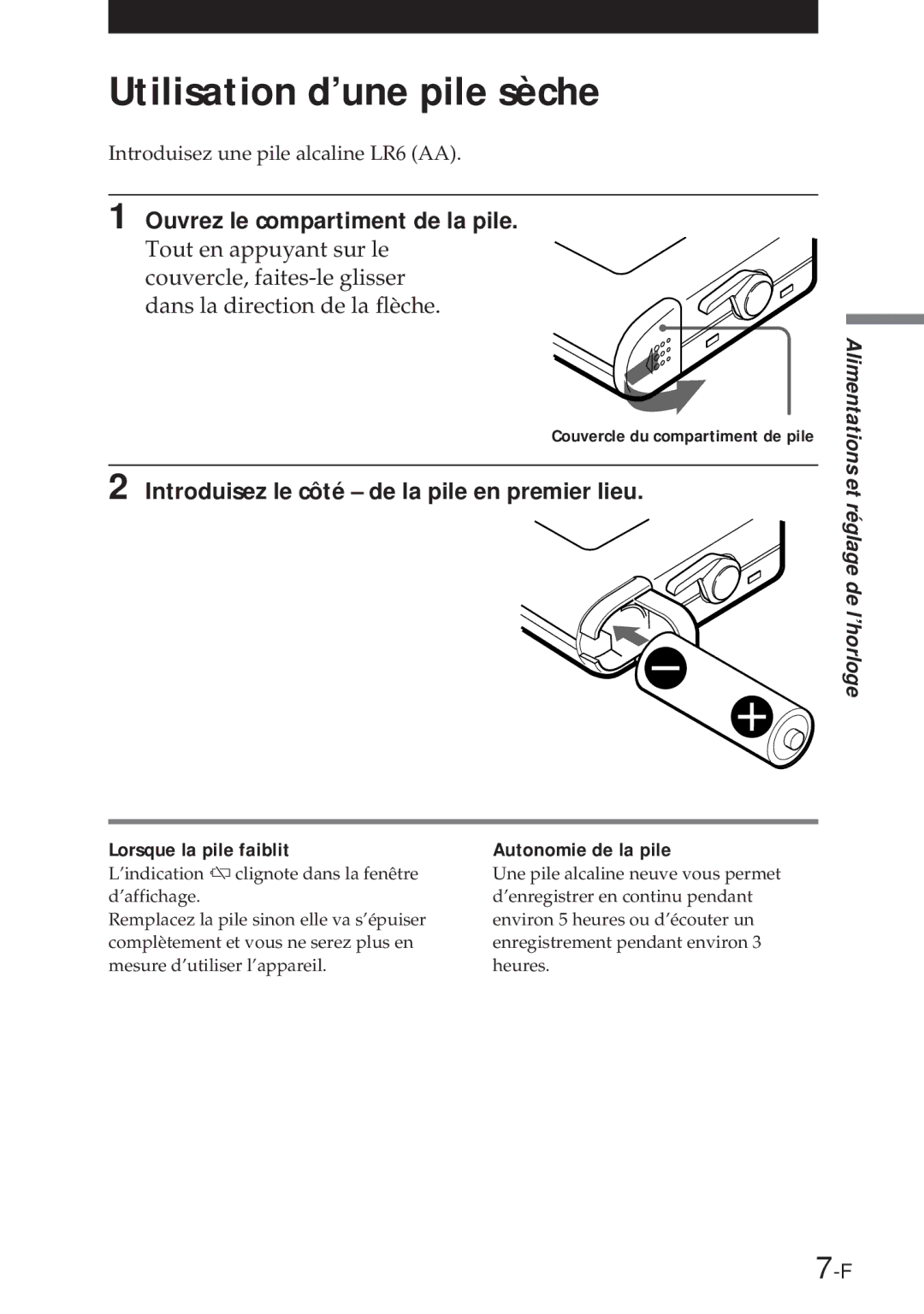 Sony NT-2 Utilisation d’une pile sèche, Dans la direction de la flèche, Introduisez le côté de la pile en premier lieu 