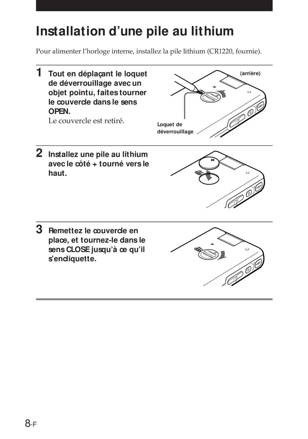 Sony NT-2 manual Installation d’une pile au lithium, Le couvercle est retiré 