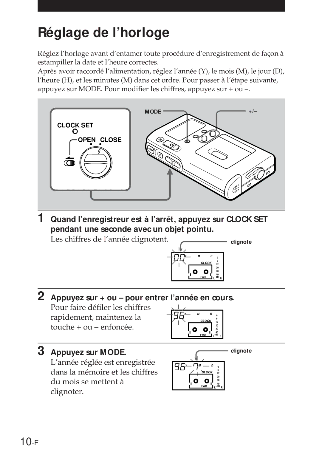 Sony NT-2 manual Réglage de l’horloge, 10-F, Appuyez sur + ou pour entrer l’année en cours 