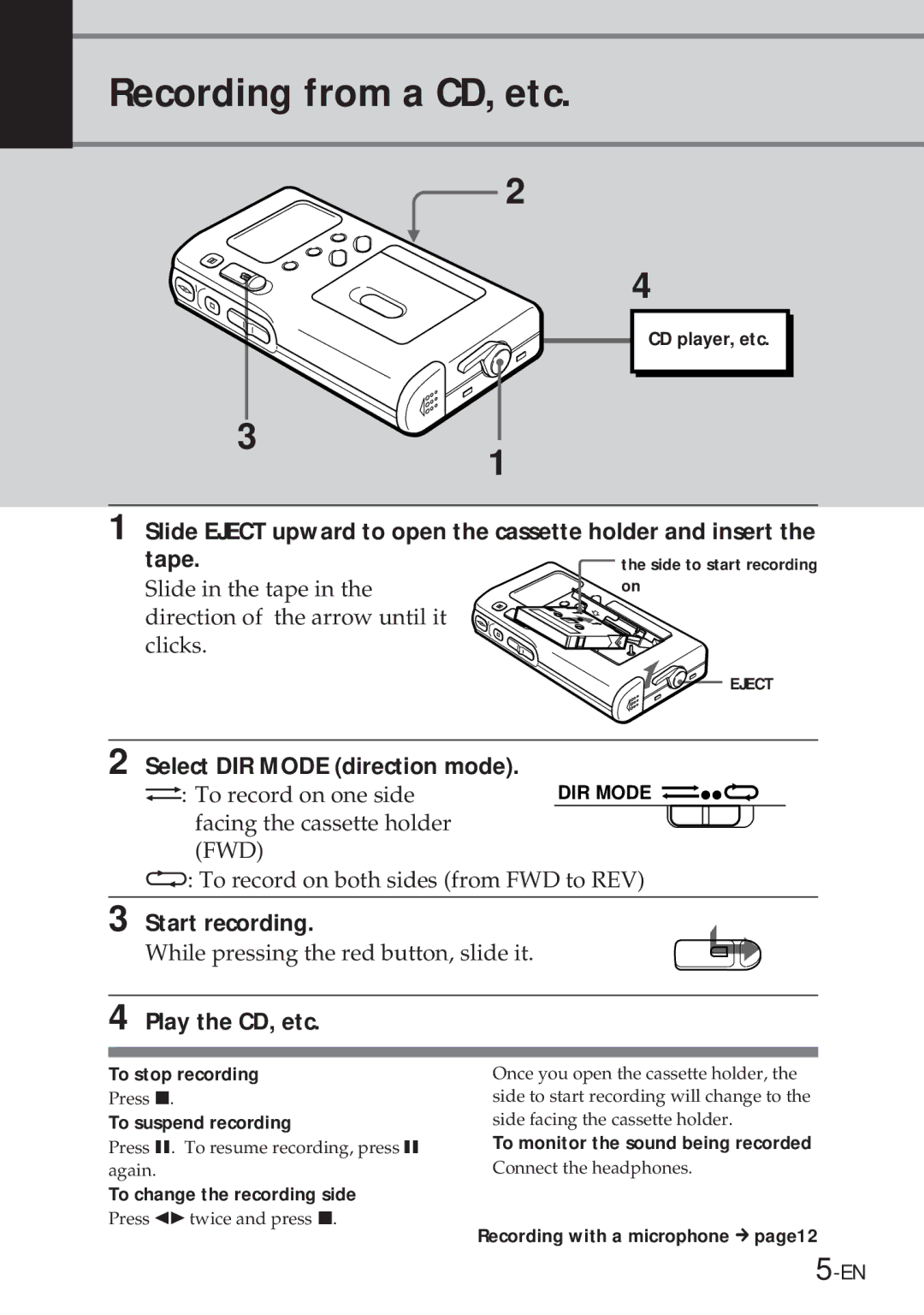 Sony NT-2 manual Recording from a CD, etc, Select DIR Mode direction mode, Start recording, Play the CD, etc 