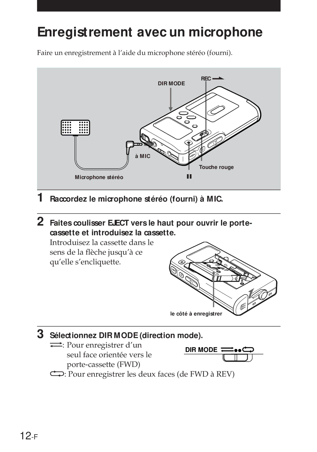 Sony NT-2 manual Enregistrement avec un microphone, 12-F 