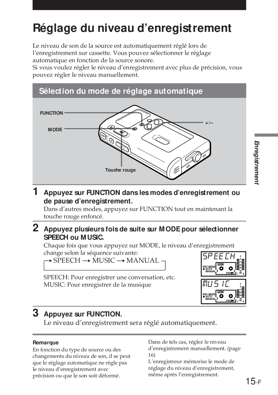 Sony NT-2 manual Réglage du niveau d’enregistrement, 15-F, Sélection du mode de réglage automatique, Appuyez sur Function 