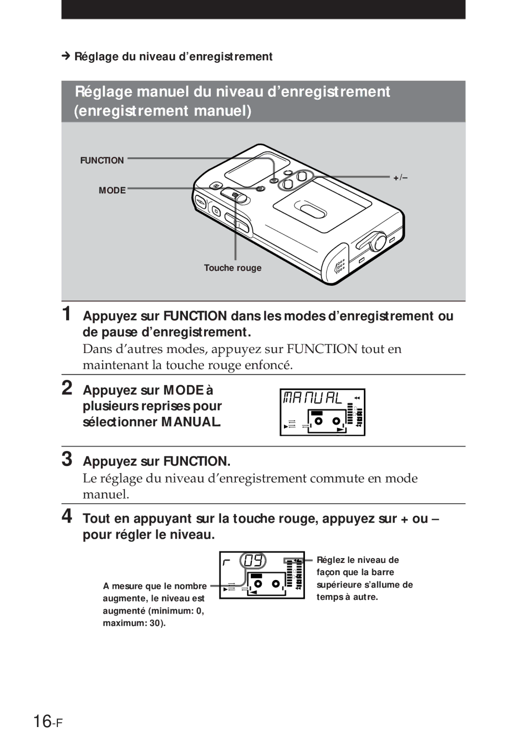 Sony NT-2 manual 16-F, Réglage du niveau d’enregistrement 