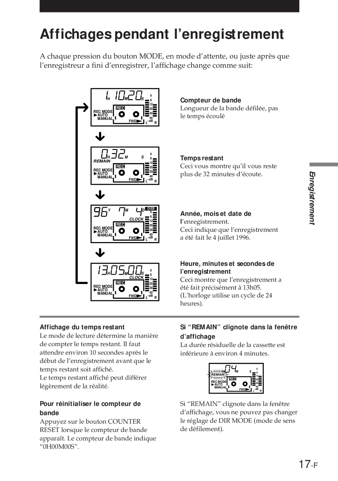 Sony NT-2 Affichages pendant l’enregistrement, 17-F, Affichage du temps restant, Pour réinitialiser le compteur de bande 