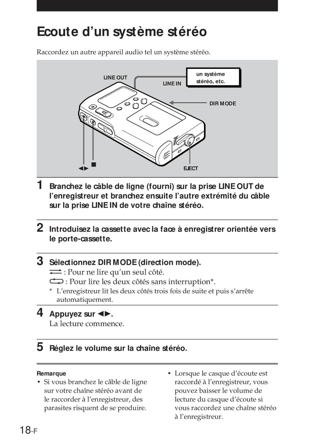 Sony NT-2 manual Ecoute d’un système stéréo, 18-F 