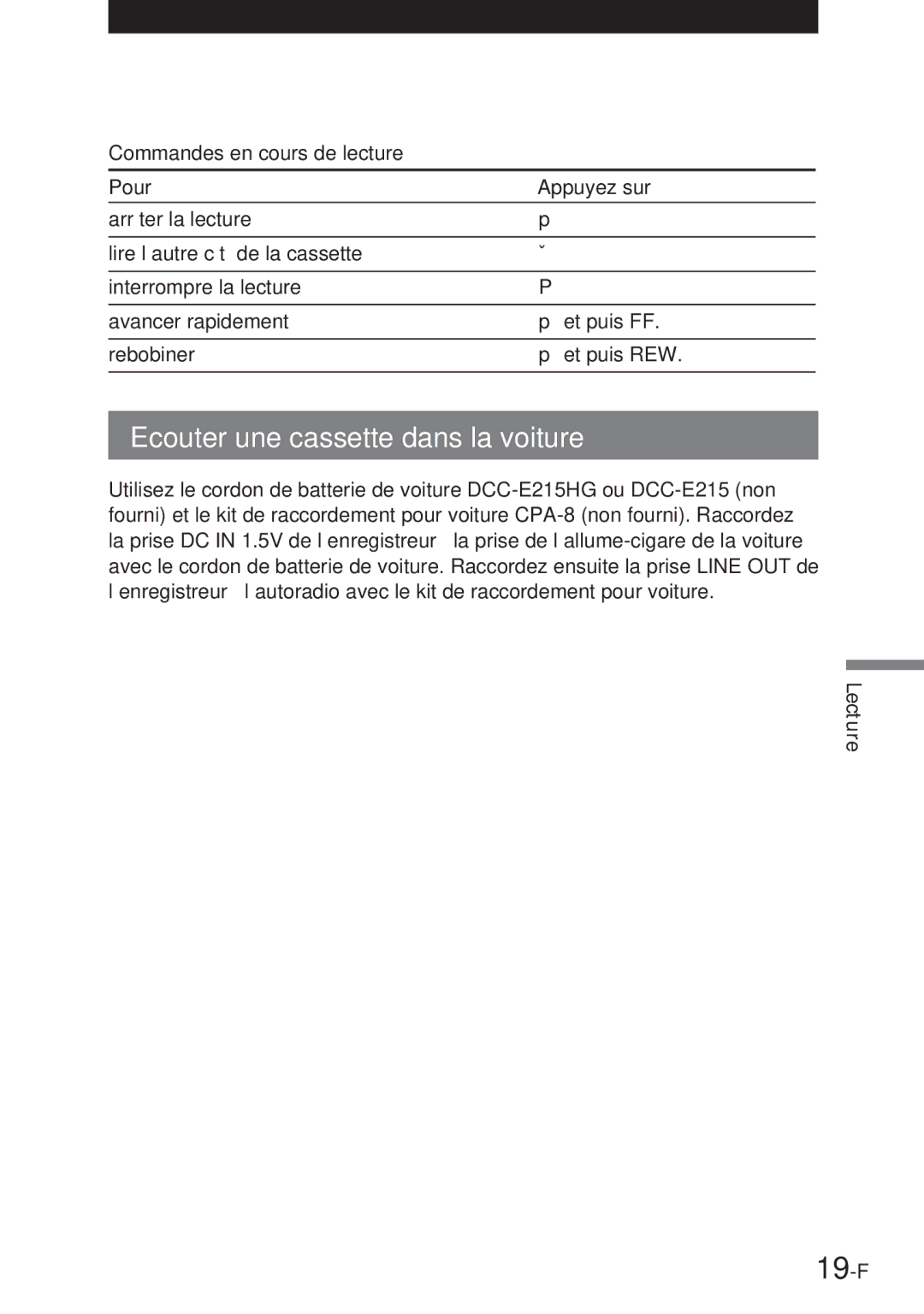 Sony NT-2 manual 19-F, Ecouter une cassette dans la voiture, Commandes en cours de lecture Pour Appuyez sur 