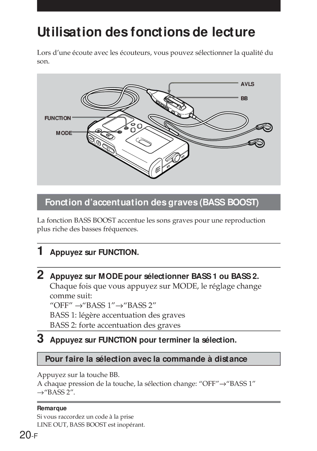 Sony NT-2 manual Utilisation des fonctions de lecture, 20-F, Fonction d’accentuation des graves Bass Boost 