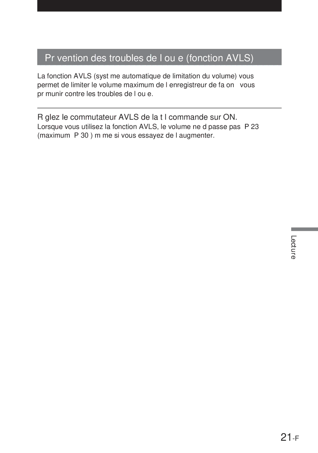 Sony NT-2 21-F, Prévention des troubles de l’ouïe fonction Avls, Réglez le commutateur Avls de la télécommande sur on 