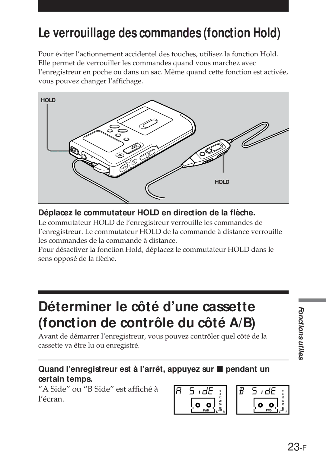 Sony NT-2 manual 23-F, Déplacez le commutateur Hold en direction de la flèche 