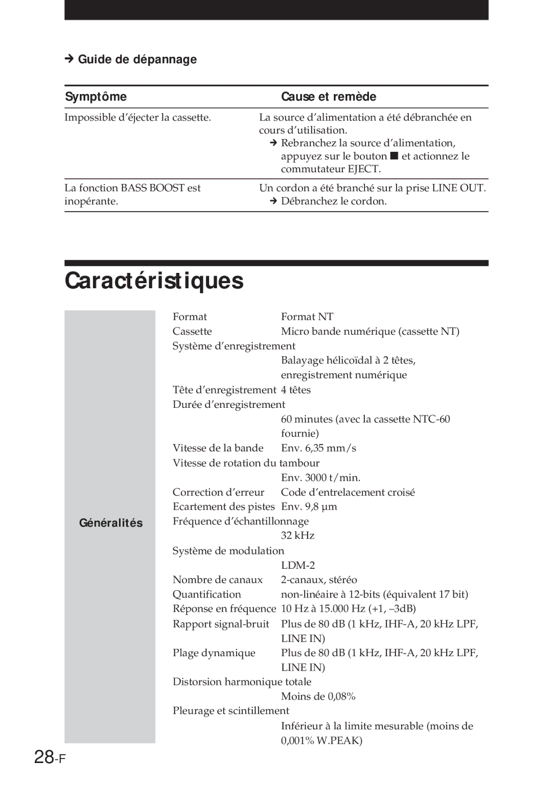 Sony NT-2 manual 28-F, MGuide de dépannage, Généralités 