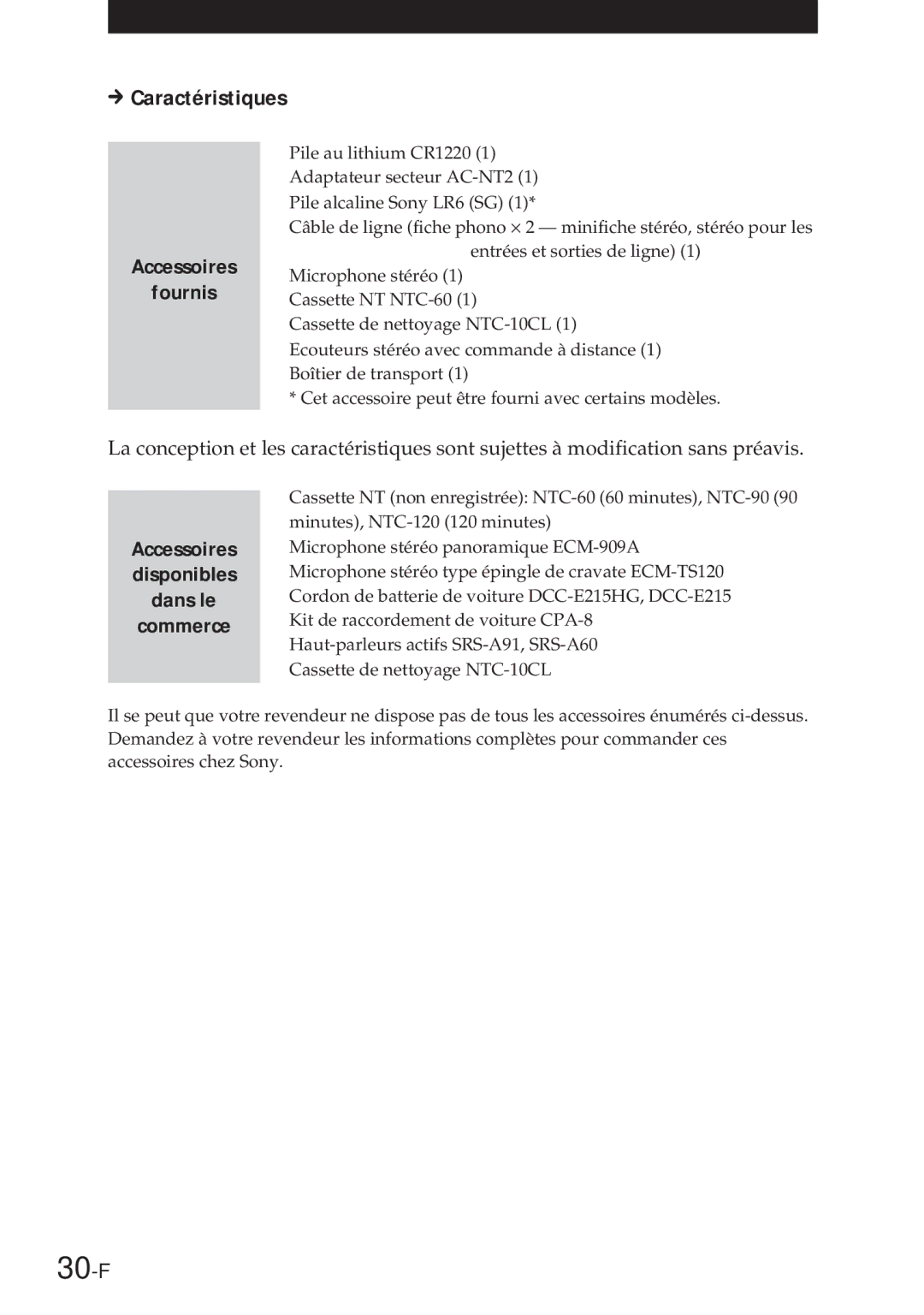 Sony NT-2 manual 30-F, Caractéristiques, Accessoires Fournis 