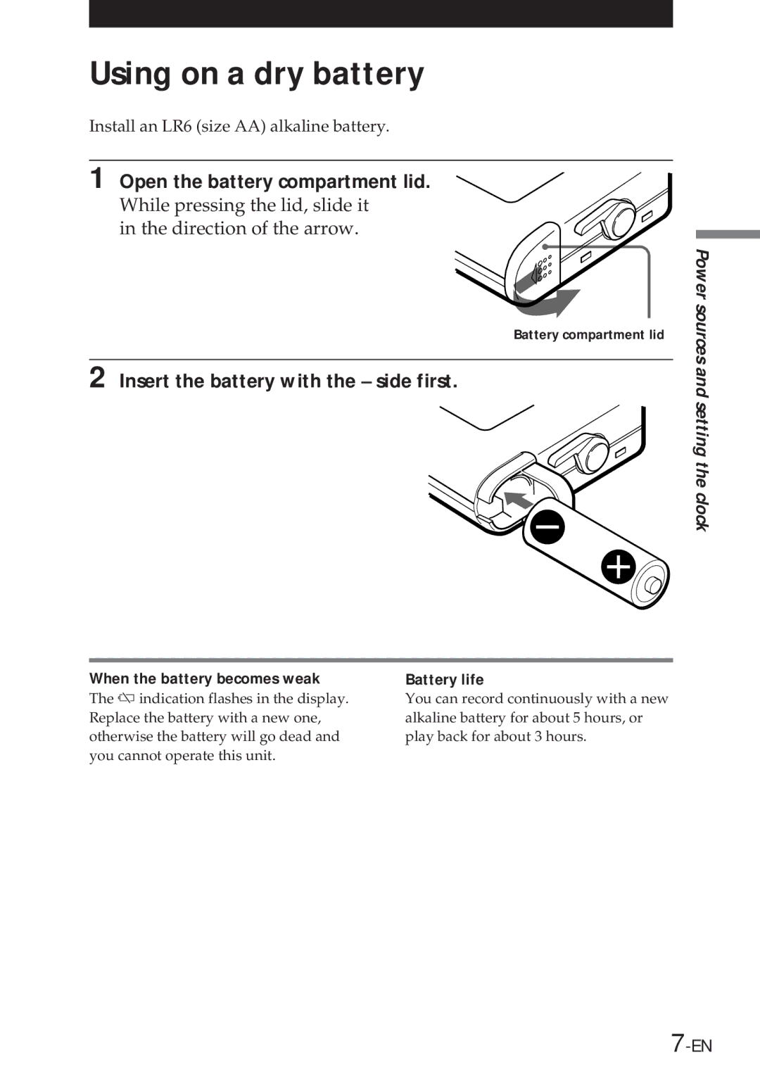 Sony NT-2 manual Using on a dry battery, Direction of the arrow, Insert the battery with the side first 