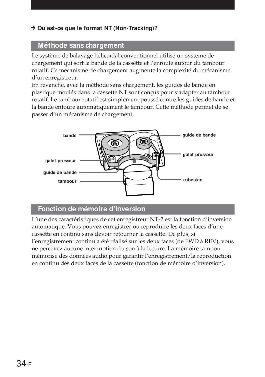 Sony NT-2 manual 34-F, Méthode sans chargement, Fonction de mémoire d’inversion 