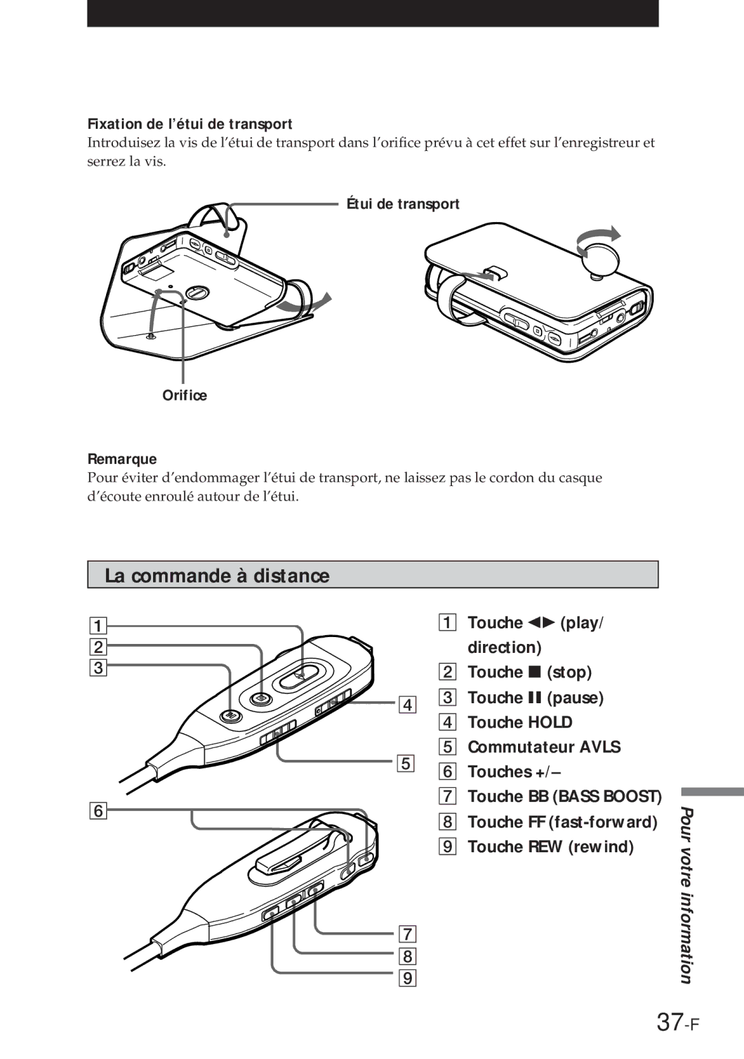 Sony NT-2 manual 37-F, La commande à distance, Fixation de l’étui de transport, Touche FF fast-forward, Touche REW rewind 