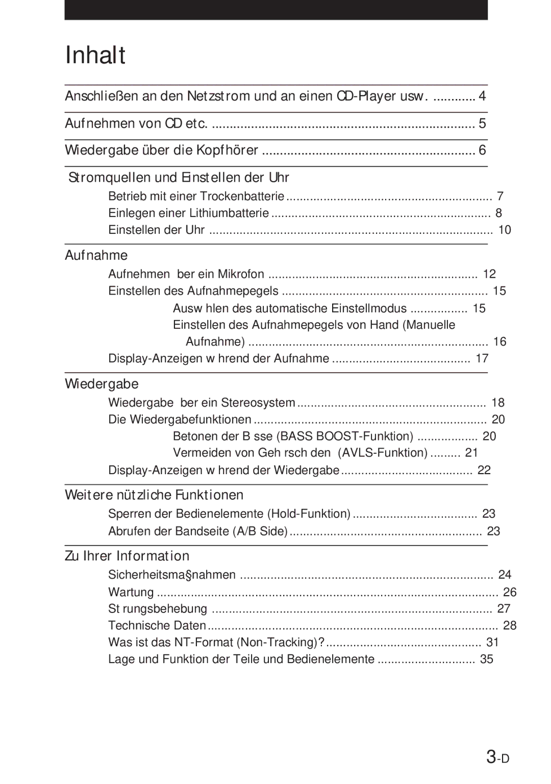 Sony NT-2 manual Inhalt 