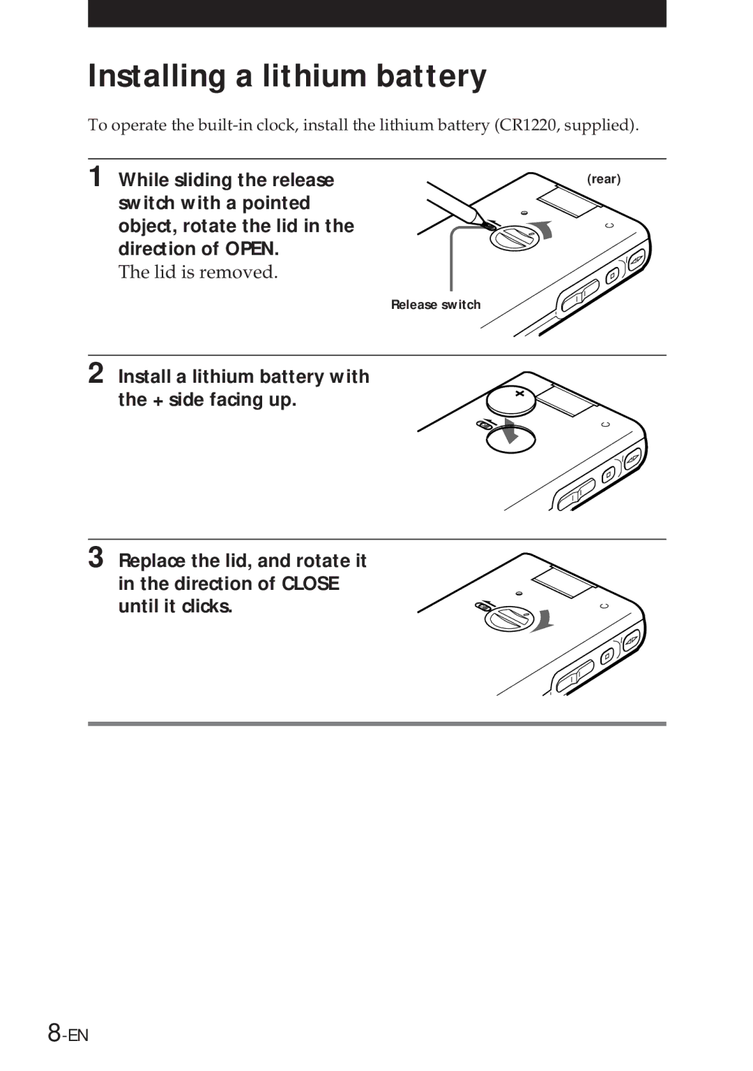 Sony NT-2 manual Installing a lithium battery, Lid is removed 