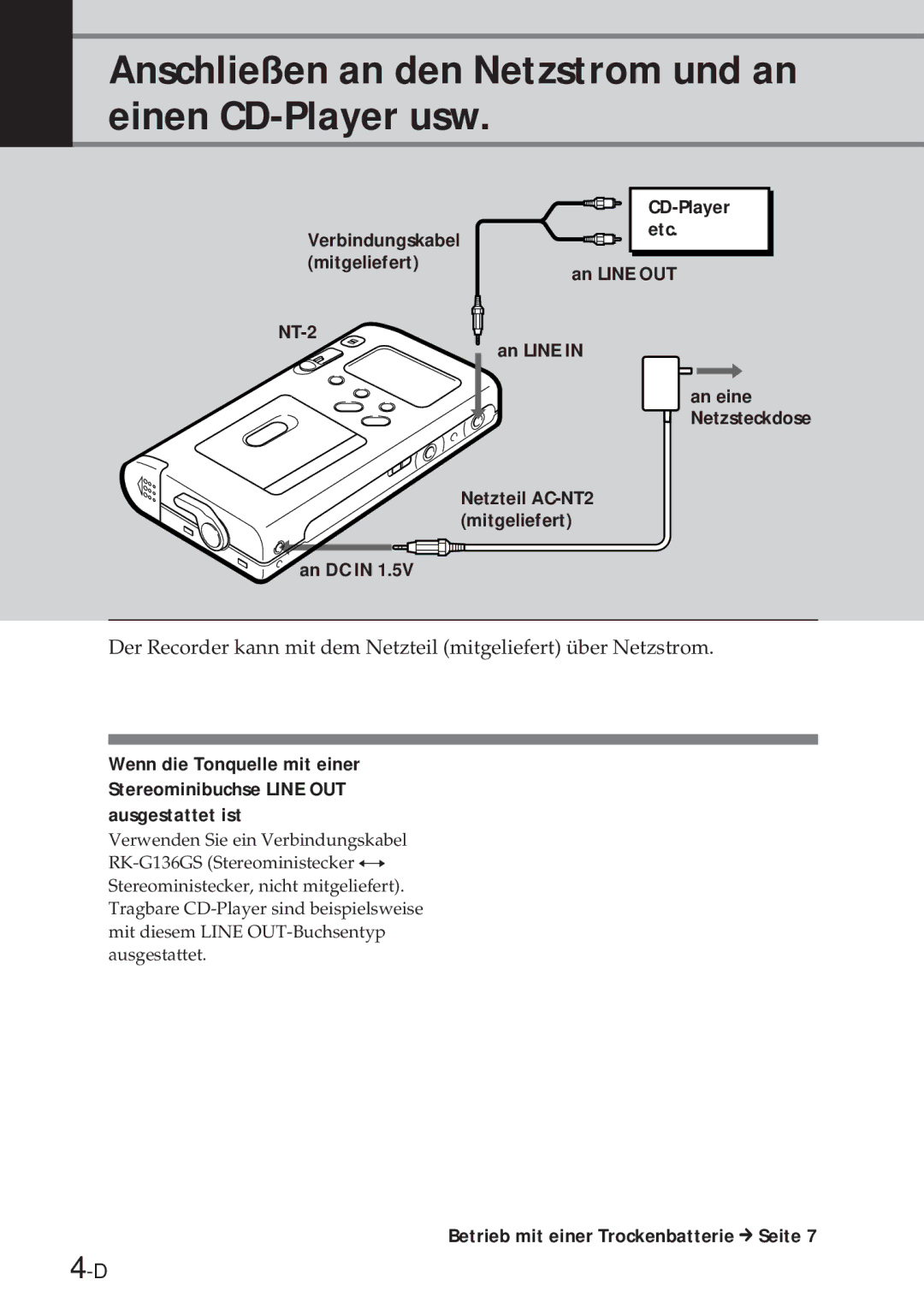 Sony NT-2 manual Anschließen an den Netzstrom und an einen CD-Player usw, Betrieb mit einer Trockenbatterie mSeite 