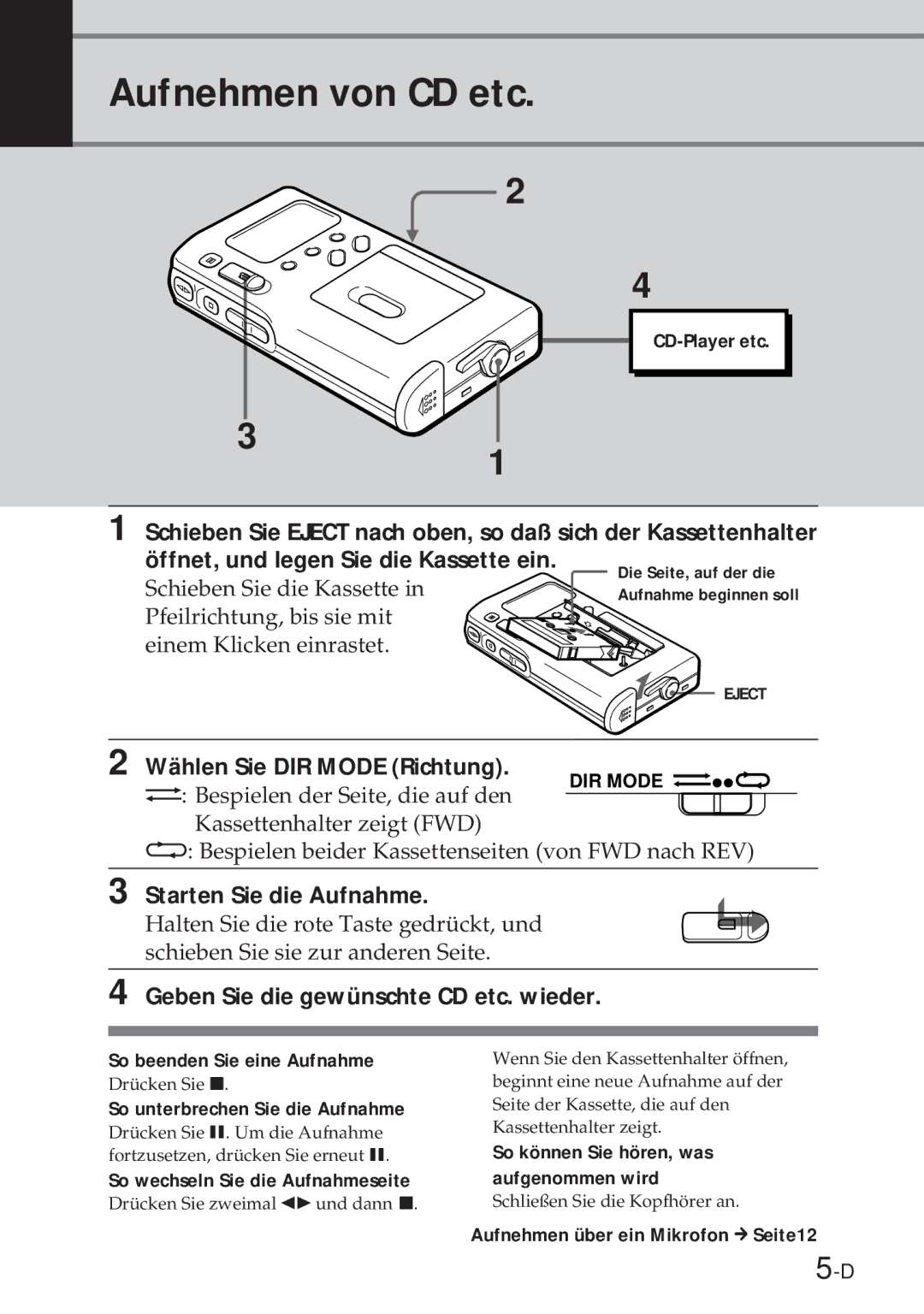 Sony NT-2 manual Aufnehmen von CD etc, Wählen Sie DIR Mode Richtung, Starten Sie die Aufnahme 