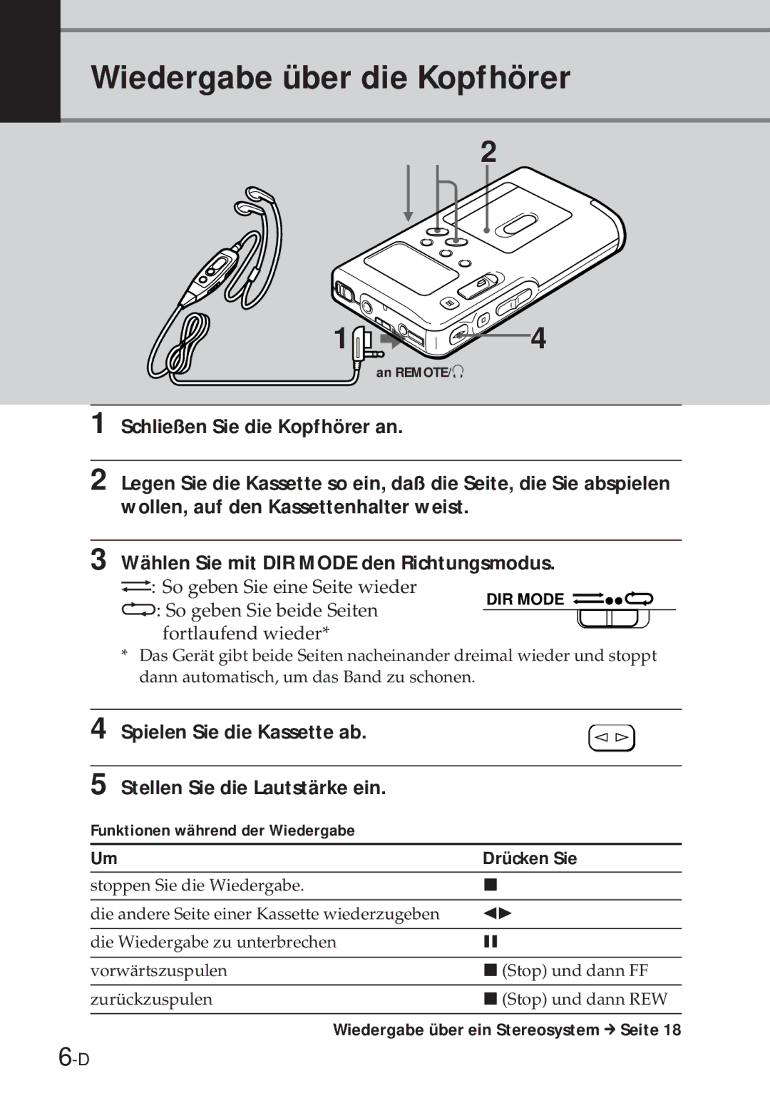 Sony NT-2 manual Wiedergabe über die Kopfhörer, So geben Sie beide Seiten fortlaufend wieder 