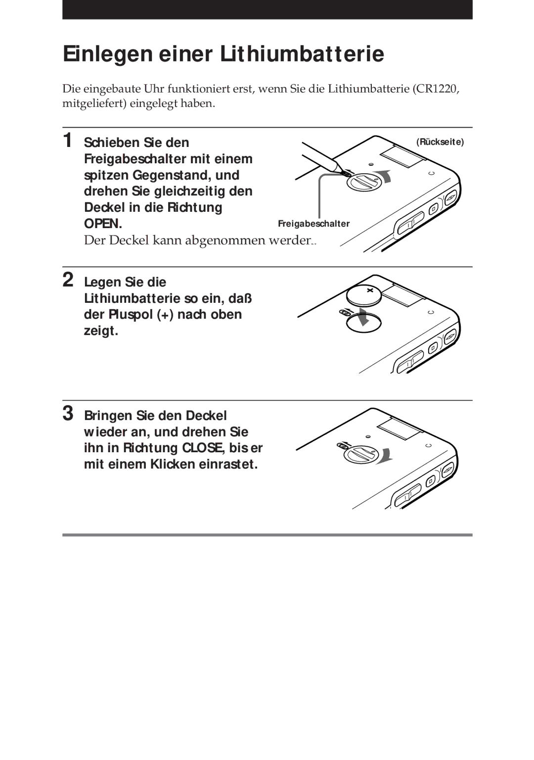 Sony NT-2 manual Einlegen einer Lithiumbatterie, Schieben Sie den, Der Deckel kann abgenommen werden 