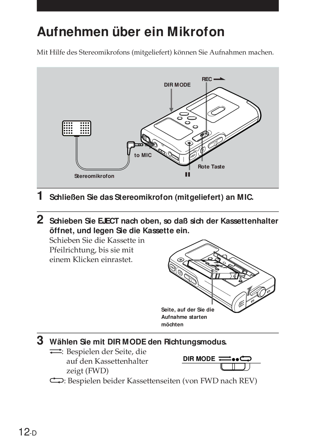 Sony NT-2 manual Aufnehmen über ein Mikrofon, 12-D 