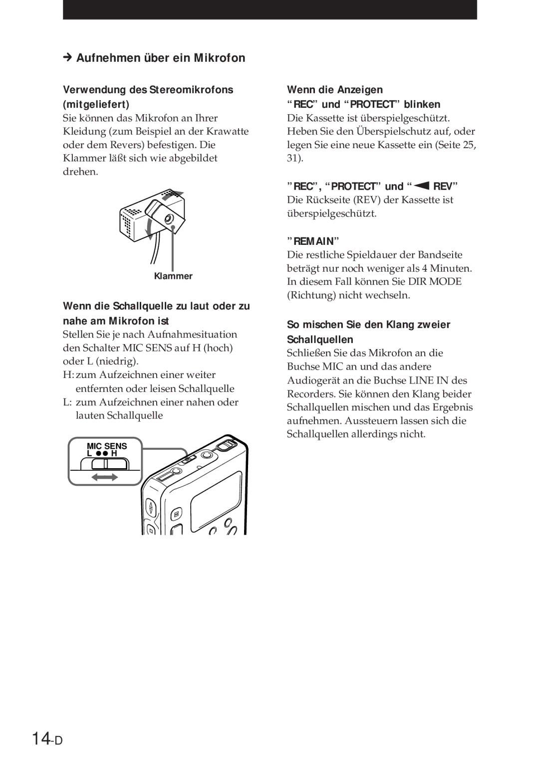 Sony NT-2 manual 14-D, Aufnehmen über ein Mikrofon 