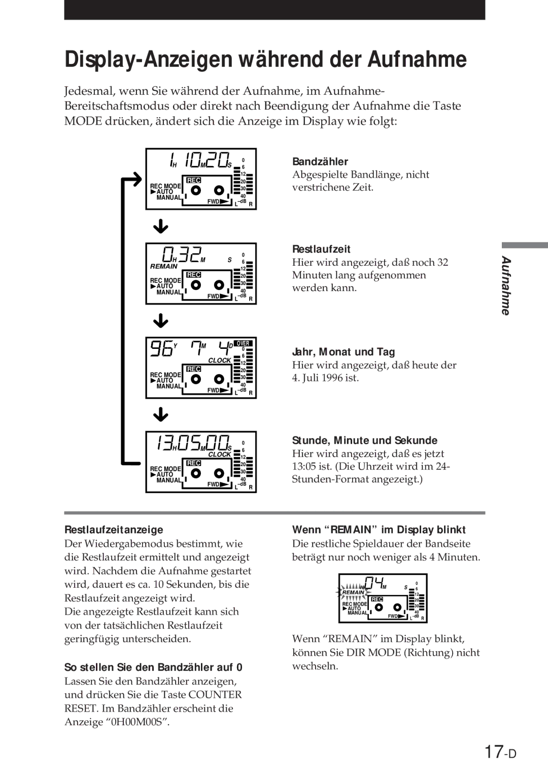 Sony NT-2 manual Display-Anzeigen während der Aufnahme, 17-D, Restlaufzeitanzeige, So stellen Sie den Bandzähler auf 