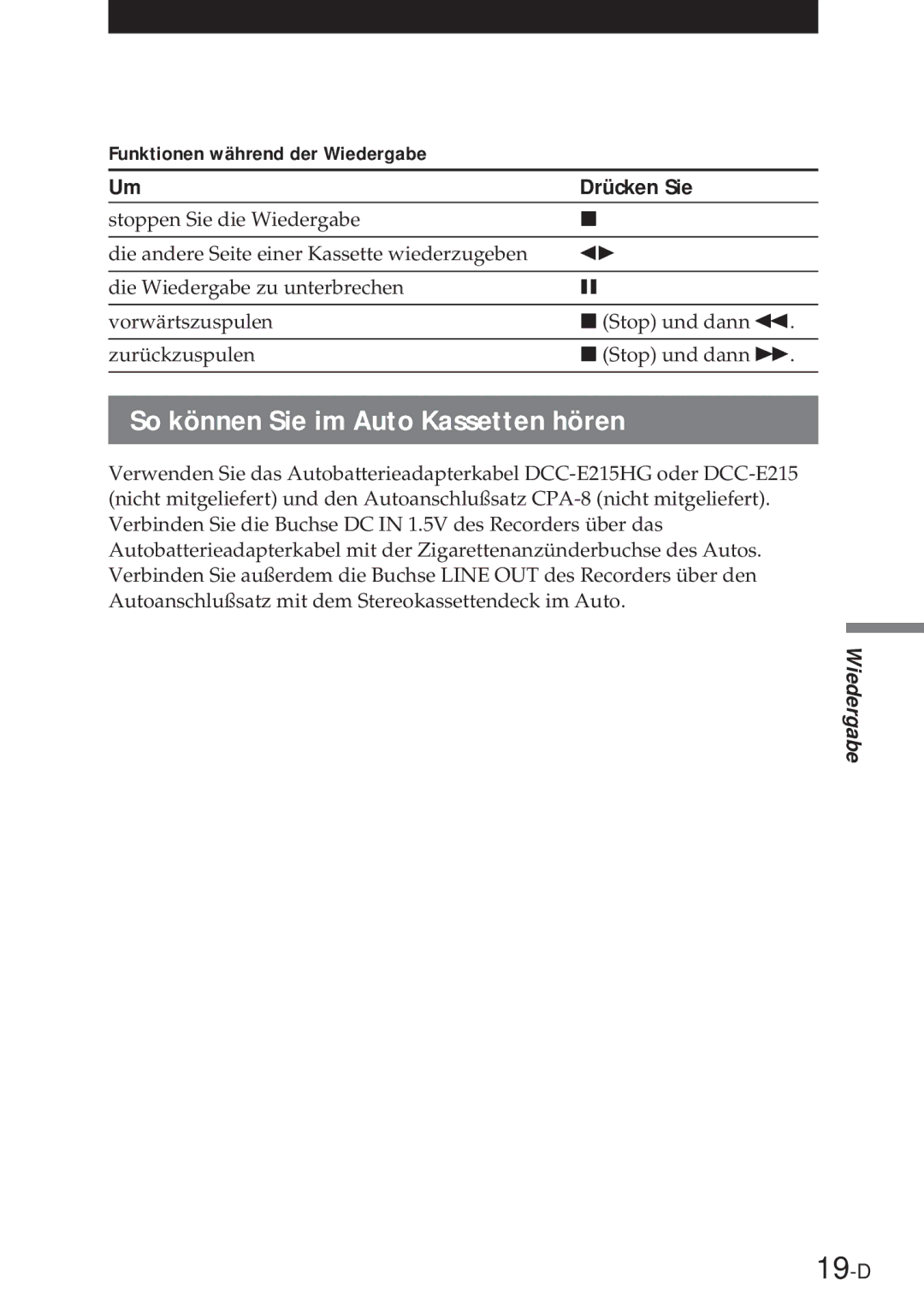 Sony NT-2 manual 19-D, So können Sie im Auto Kassetten hören 