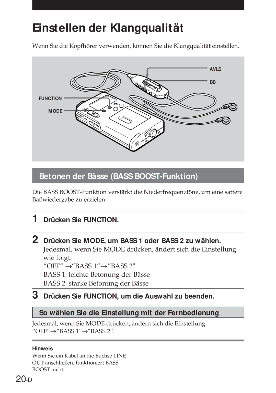 Sony NT-2 manual Einstellen der Klangqualität, 20-D, Betonen der Bässe Bass BOOST-Funktion 